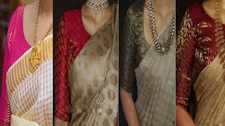 cream colour saree with contrast designer blouse collection [upl. by Negyam]