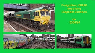 Freightliner 66616 departing Clapham Junction on 120624 with the Allington stone train [upl. by Lledniuq]