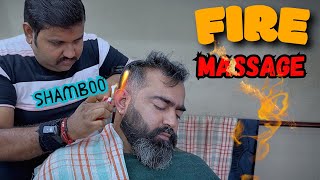 Shamboo Barber Head Massage with his Unique Fire Hair Removal therapy from Ear  ASMR [upl. by Fesoj465]