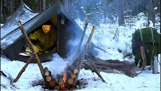 Winter Solo Overnight  Vintage Canvas Tent  Extreme Cold  Self Feeding Long Fire  Woodsman Meal [upl. by Nalim]