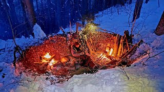 How to survive at night in FREEZING DEEP SNOW  Bushcraft camping Wilderness cooking [upl. by Aneroc755]