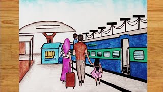 How to draw a Railway Station Scenery  Eid Journey [upl. by Cogswell]