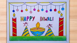 Happy diwali poster drawingDiya drawingDiya chart paper drawingEasy Diwali drawing [upl. by Yerfej120]