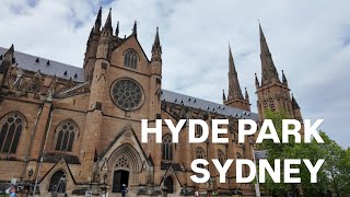 Walk through Hyde Park to St Marys Cathedral Catedral de Santa Maria sydney australia [upl. by Ardnu]