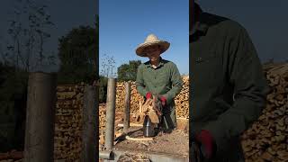 Farmer using wood splitter machines cutting wood woodworking [upl. by Janyte]