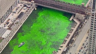 Birds eye view of the Chicago River dyeing for St Patricks Day [upl. by Perkin]