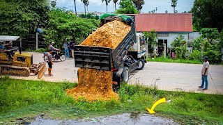 Perfectly Project Landfill in Flooded Areas Dozer KOMATSU D20A amp Truck 5T Pushing Stone Into Water [upl. by Gussi]