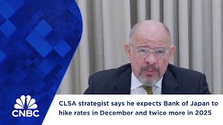 CLSA strategist says he expects Bank of Japan to hike rates in December and twice more in 2025 [upl. by Naesyar59]