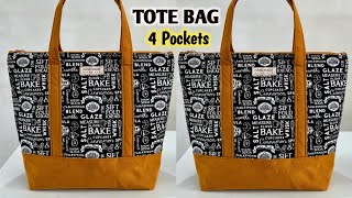 How to make reusable Tote bag with 4 Pockets  Shopping Bag Sewing Tutorial  how to make cloth bags [upl. by Shanly]