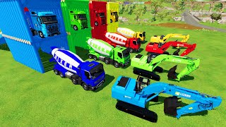 TRANSPORTING COLORED MIXER CEMENT TRUCKCOLORED EXCAVATOR TO GARAGE WITH TRUCK [upl. by Rubio]