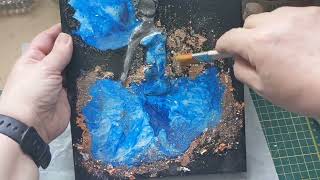 Sculpey polymer clay on a canvas with acrylic fluid paint pour and glitters [upl. by Buhler]