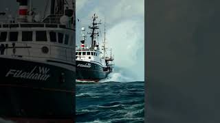 Fishing Boat in Danger as Tidal Wave Splashes Behind fishingboat sea scaryocean [upl. by Ssenav]