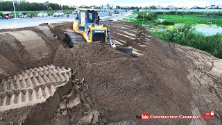 Nice job sand filling Technique skill operator Bulldozer pushing sand drop water amp Dump Trucks [upl. by Krell]