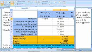 81a Unpaired ttest Hypothesis test using Excel Part 1 [upl. by Airdnassac]