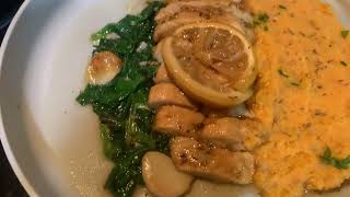 BAKED HONEY GARLIC LEMON CHICKEN WITH MASHED SWEET POTATO AND SPINACH [upl. by Atiner]