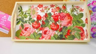 Frühstückstablett DIY  Tablett gestalten mit Rosen Muster  mit Serviettentechnik  deutsch [upl. by Naillimixam]