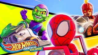 SpiderMan Car and Captain Marvel Car Race vs Green Goblin Car  Hot Wheels RacerVerse [upl. by Leaw72]