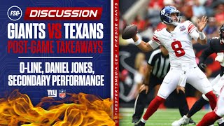 Giants V Texans PostGame Takeaways Offensive Line Daniel Jones Secondary Performance [upl. by Engapmahc]