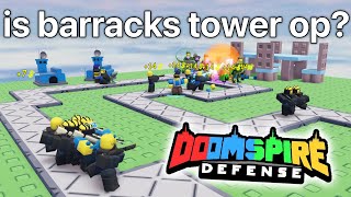 Barracks Tower Review Doomspire Defense REWRITE  ROBLOX [upl. by Lleval]