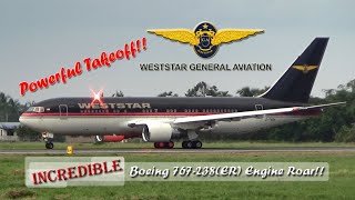 Plane Spotting  Sandakan Airport Incredible Boeing 767238ER Engine Roar  Powerful Takeoff [upl. by Durston35]