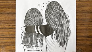 Best friend drawings easy  Bff drawing step by step  Sketch drawing with pencil  Girls drawing [upl. by Aiduan]