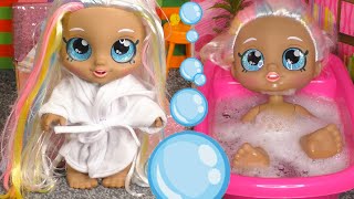 Giving MARSHA MELLO Doll A Bubble Bath Video  KINDI KIDS Marshas Morning Routine [upl. by Elsy814]