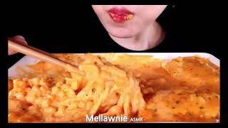 Mellawnie ASMR cheesy noodles rice cake mochi Mukbang bites only [upl. by Noami]