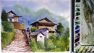 Watercolor Landscape Painting  Ghandruk village [upl. by Leuqim]