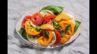 A simple recipe for Caprese Salad with Summer Peaches amp Tomatoes  the perfect tomato slicing knife [upl. by Chapland270]