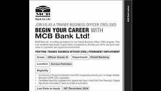 Trainee Business Officer Jobs in MCB Bank November 2024 December Apply Online TBO Program Latest [upl. by Johnstone]