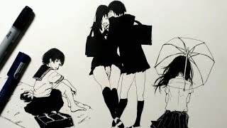 【コピック】女の子4人描いてみた はだし 内緒だよー 傘 [upl. by Hazelton859]