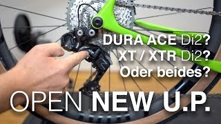 Shimano XTXTR Di2 Schaltwerk mit Dura Ace Di2 Schalthebeln am OPEN NEW UP grün RennradGravelbike [upl. by Lemmor]