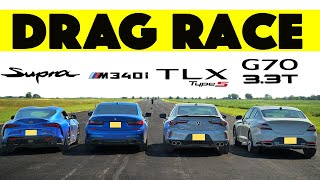 BMW M340i vs Acura TLX Type S vs Genesis G70 vs Toyota Supra Drag Race [upl. by Enaed]