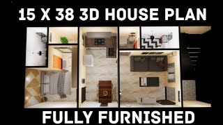 15x38 3D House Plan I Full Furnished House plan I 15 x38 Ghar ka Naksha I 15 by 38 3D House plan I [upl. by Jenny]