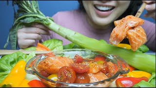 SPICY SALMON WITH NEW FOUND VEGGIE ASMR EATING SOUNDS LIGHT WHIPSERS  SASASMR [upl. by Shanney]