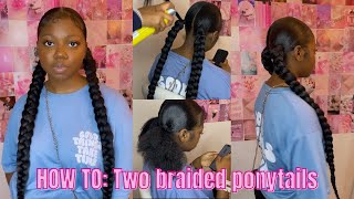 HOW TO Two braided ponytails hair tutorial w braiding hair added [upl. by Nodearb]