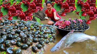 Women Found Snail and Fish at river  Cooking Soup Snail for dog Eating delicious HD [upl. by Ahsei]