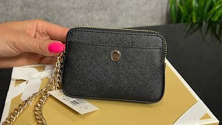 Распаковка MICHAEL KORS Medium Saffiano Leather Chain Card Case black [upl. by Arakihc]