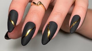 MATTE BLACK AND GLOSSY GOLD NAIL TUTORIAL [upl. by Allebasi978]