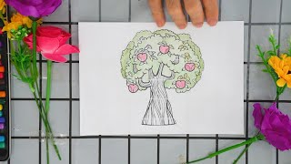 Color the picture of a large apple tree with many ripe fruits on it [upl. by Leseil]