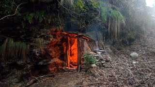 Build a Secret bushcraft shelter with fireplace inside  Winter camping in extreme cold weather [upl. by Ahseinat955]