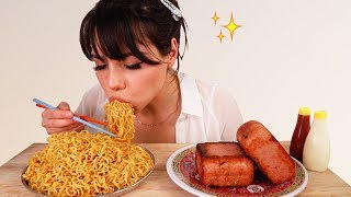 INDOMIE MI GORENG amp SPAM 먹방 MUKBANG 통스팸 CHERRY MOCHI FOR DESSERT [upl. by Lajet563]