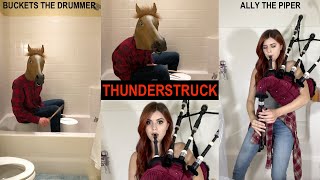 quotThunderstruckquot  Girl playing bagpipes and drumming manhorse play ACDC in bathroom [upl. by Vyky]