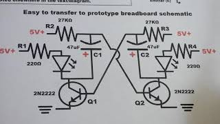 2N2222 NPN BJT Astable Multivibrator Circuit on breadboard with 5V power supply step by step build [upl. by Akiehs]