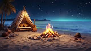 Relaxing Night At The Beach Ambiance 🔥🌊 wave and crackling bonfire sound [upl. by Eichman]