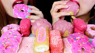 ASMR PINK MARSHMALLOW DONUTS CAKE BARS RUBY CHOCOLATE CREAM PUFFS CAKES 리얼사운드 먹방  KimampLiz ASMR [upl. by Oryaj]