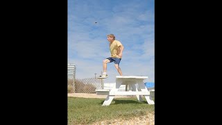 Extreme Footbag Athlete Performs Stunt Across Three Picnic Tables [upl. by Oflodur]