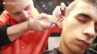 ASMR FULL BARBER SESSION  Haircut Clean Shave Earburn Asmr Head Massage on Veysel Young [upl. by Ellesig]