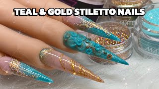 ✨🩵TEAL AND GOLD XL STILETTO ACRYLIC NAILS TUTORIAL🩵✨ [upl. by Jimmie]