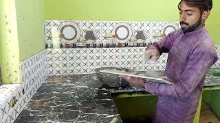 Ceramic Tiles Installation with Old Kitchen Tablekitchen counter top tiles installation with sink [upl. by Leopoldine]